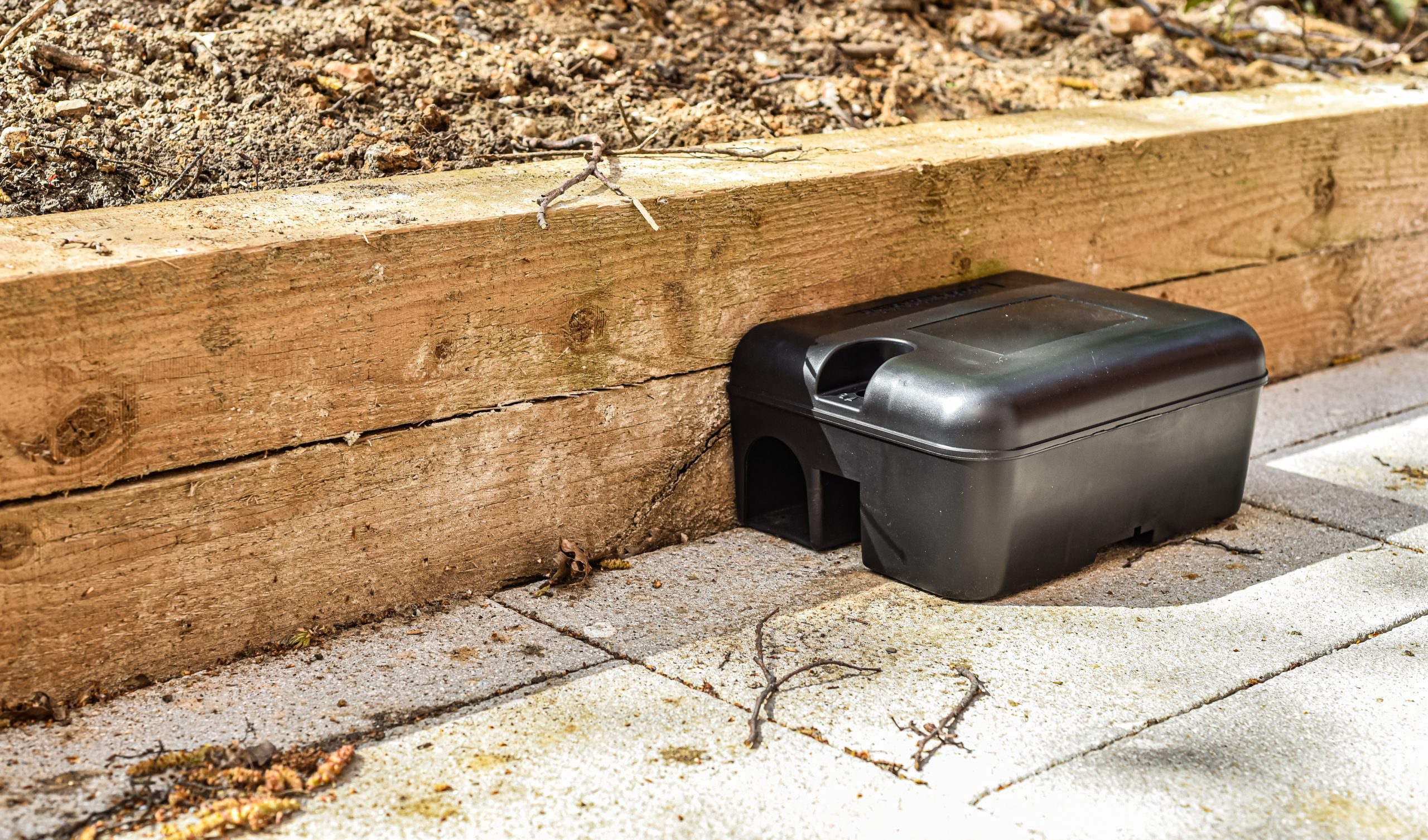 Black,Rodent,Bait,And,Trap,Station,Being,Used,Outside,A